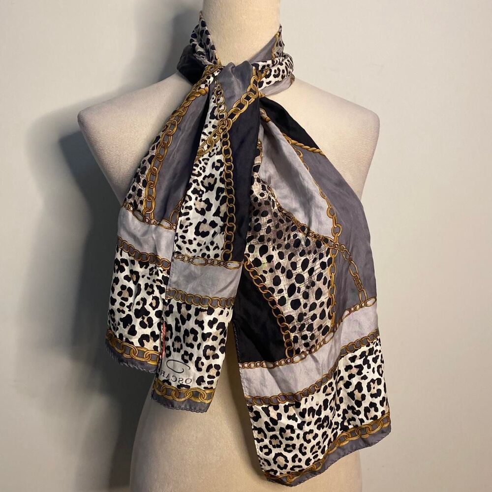 y2k Oscar de la Renta silk leopard print scarf with gold chain print